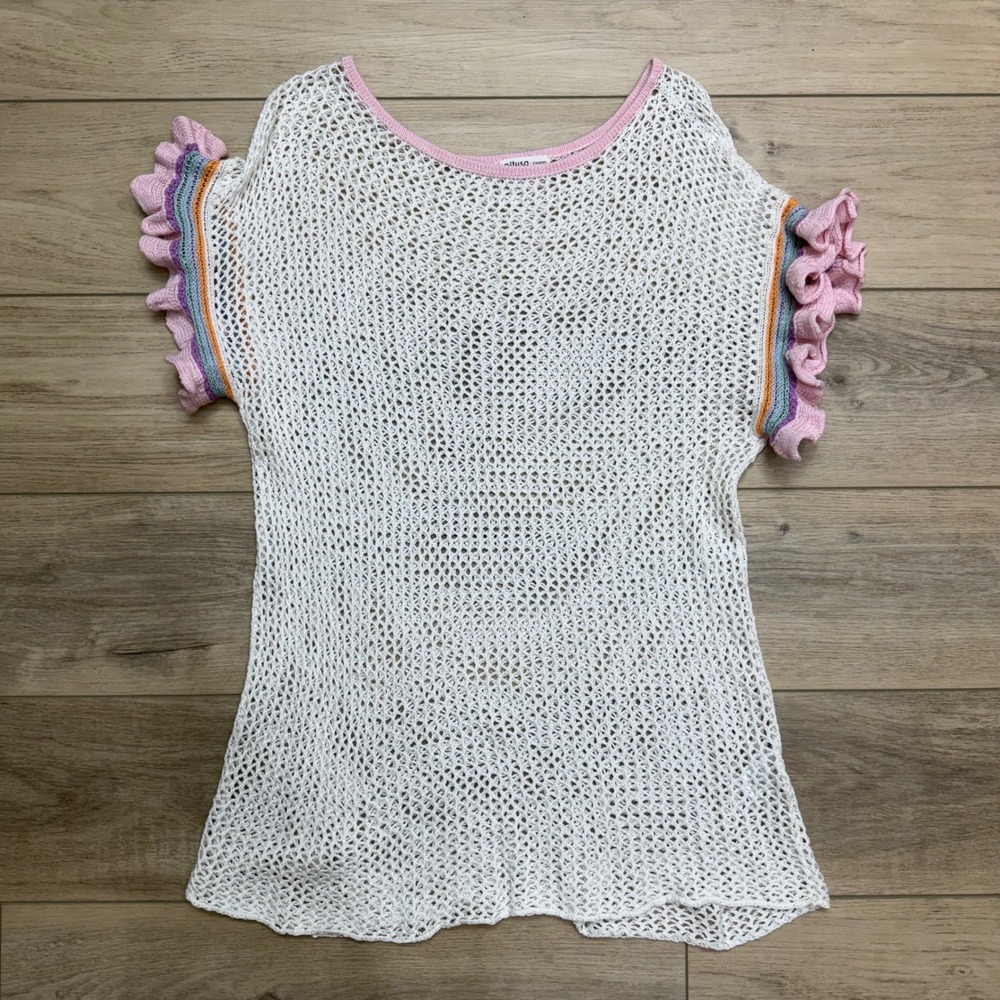 Pitusa White Open Knit Crochet Coverup Mini Dress Rainbow Ruffle Sleeve‎